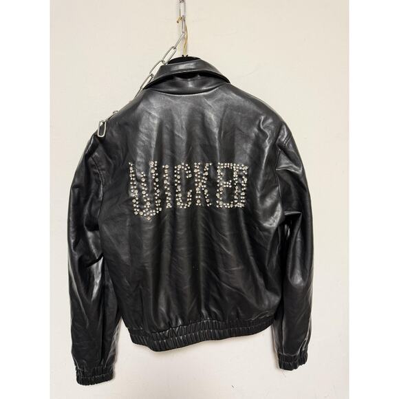 Wicked X Forever 21 Jacket Womens Small Black Faux Leather Bomber Rhinestone - Picture 3 of 16